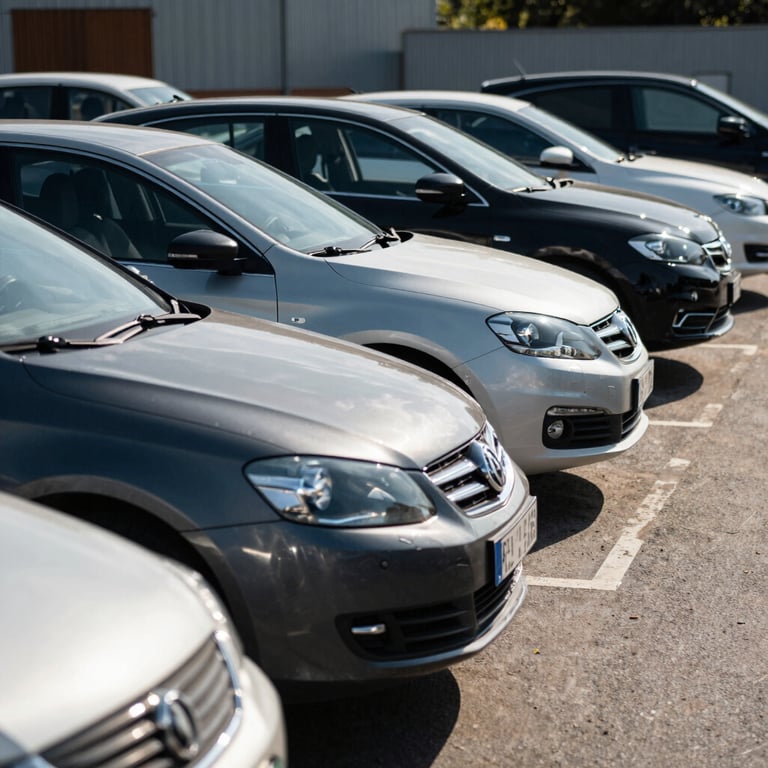 A row of meticulously cleaned used cars in an outdoor lot under the bright afternoon sun in a Central European / Polish setting.