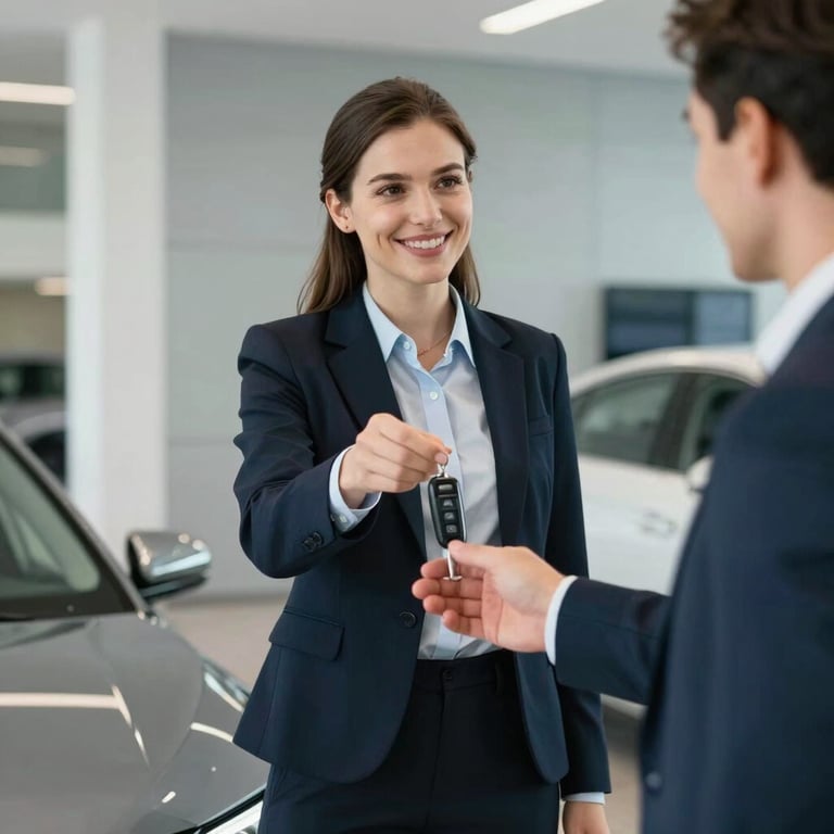 A smiling professional consultant handing car keys to a customer in a modern Central European / Polish dealership with very light cool grey walls.