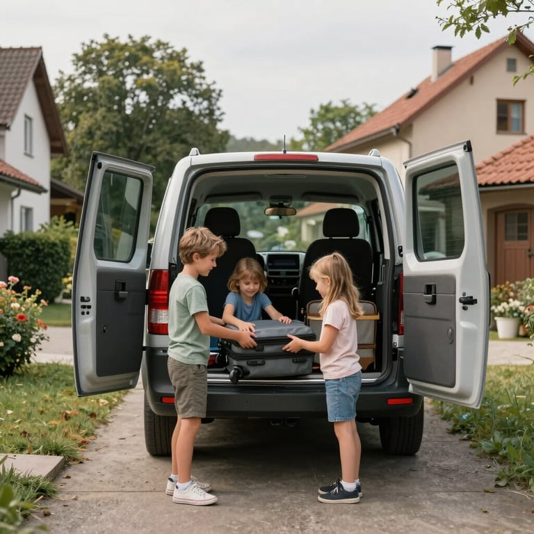 A family in casual attire happily packing suitcases into a large rental minivan in a quiet Central European / Polish suburban driveway.