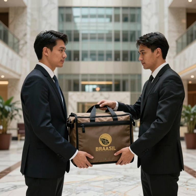 A professional transfer of a courier bag between two staff members in formal attire in the marble lobby of a Brazilian corporate tower.