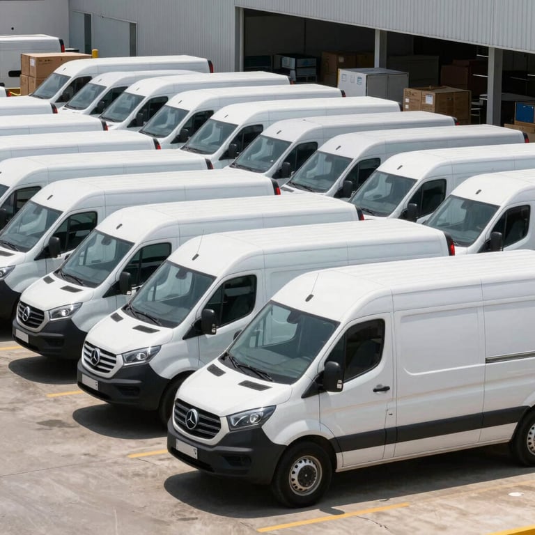 A fleet of white, unmarked logistics vans parked in an organized row at a modern South American distribution center under bright sunlight.