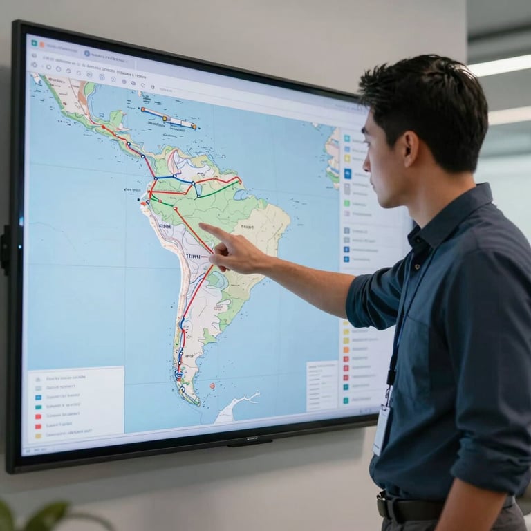 Professional South American logistics coordinator pointing at a map on a large digital screen showing delivery routes in a clean, high-tech office.