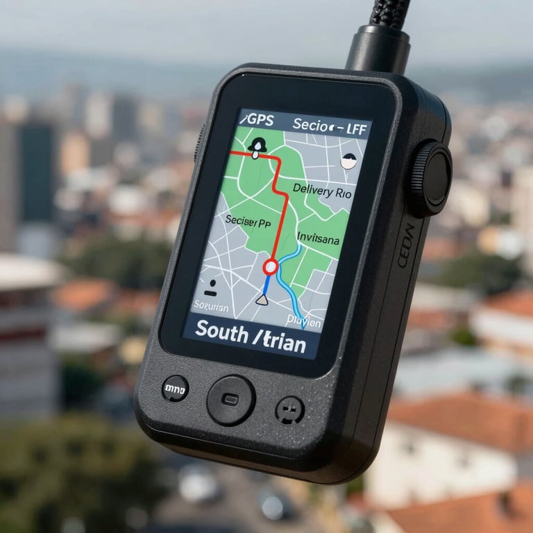 Close-up of a high-tech GPS tracking device showing a secure delivery route through a South American city.