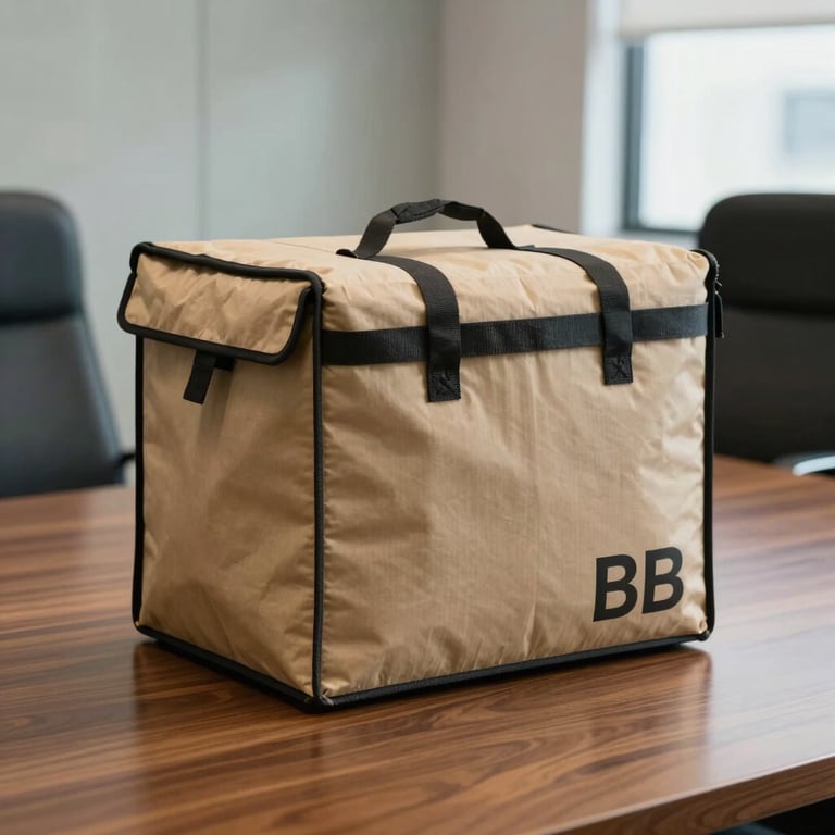 A specialized courier document bag placed neatly on a polished wood desk in a modern boardroom, representing successful delivery.
