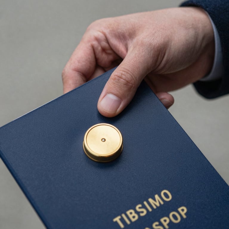 Detailed macro shot of a hand in a dark blue sleeve locking a high-security document pouch with a metallic gold seal.