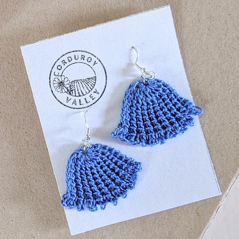 blue handmade crocheted cotton earrings, soft and lightweight with delicate bellflower shape