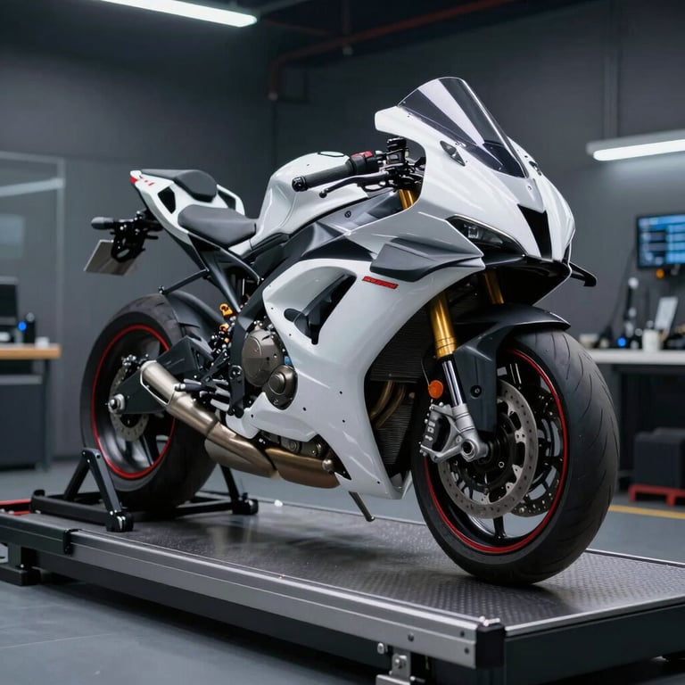 Action shot of a high-performance motorcycle on a dynamometer in a dark professional lab setting.