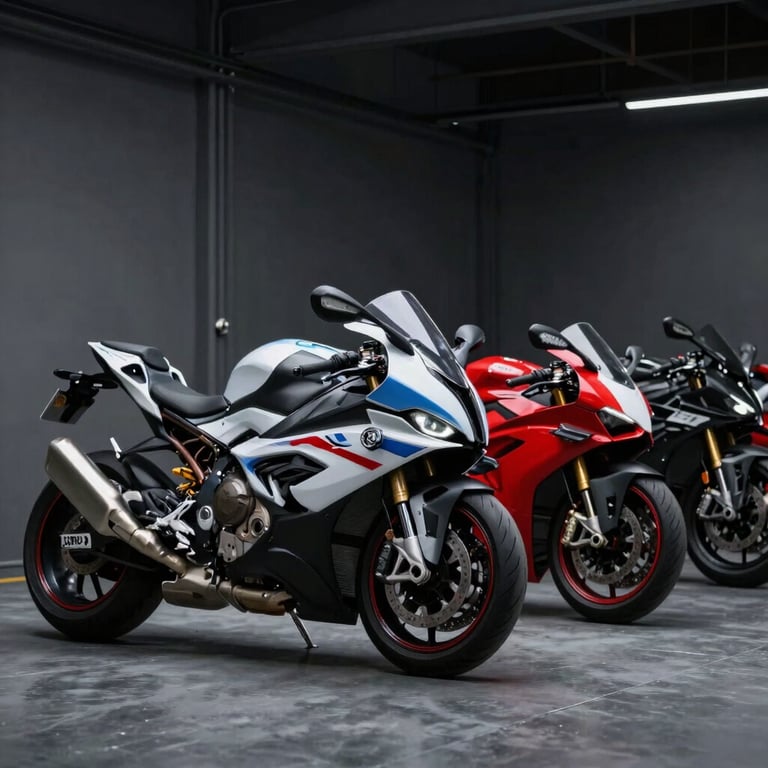 A row of premium superbikes like BMW and Ducati parked in a dark, minimalist industrial garage.