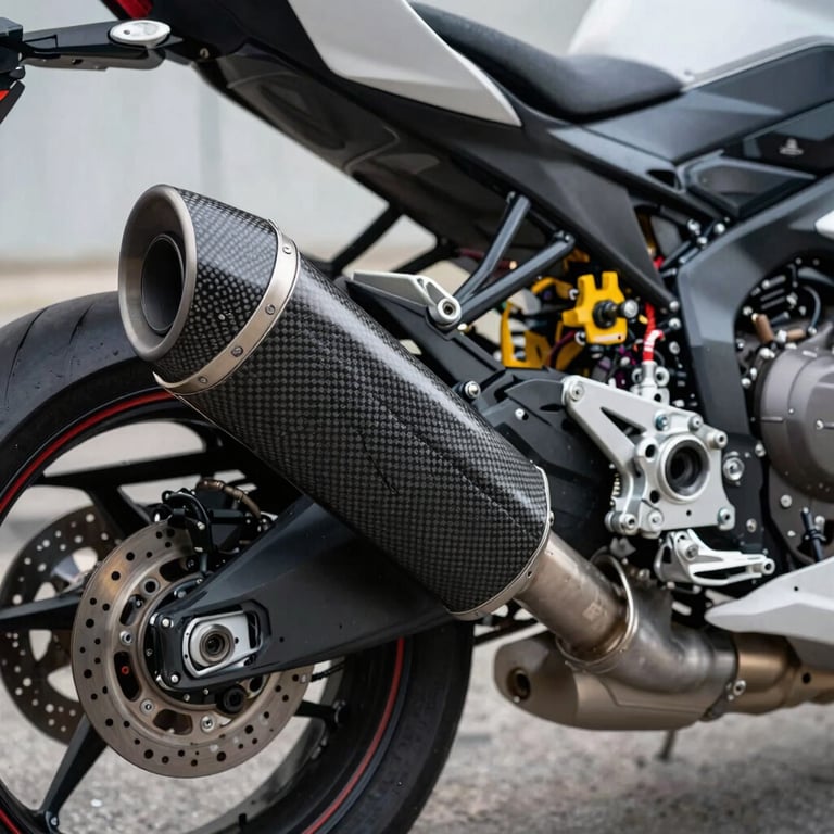 Detail shot of a carbon fiber exhaust and high-end brake calipers on a modern sportbike.