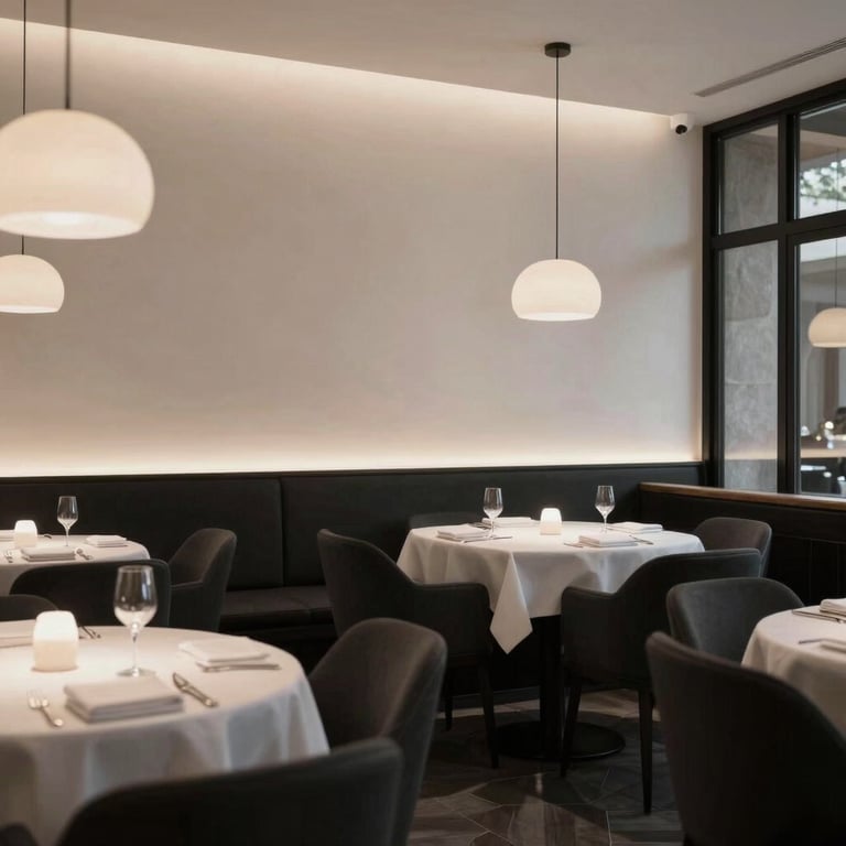 Elegant restaurant interior in Mexico City with minimalist decor and soft warm lighting, professional photography, colors: white and black.