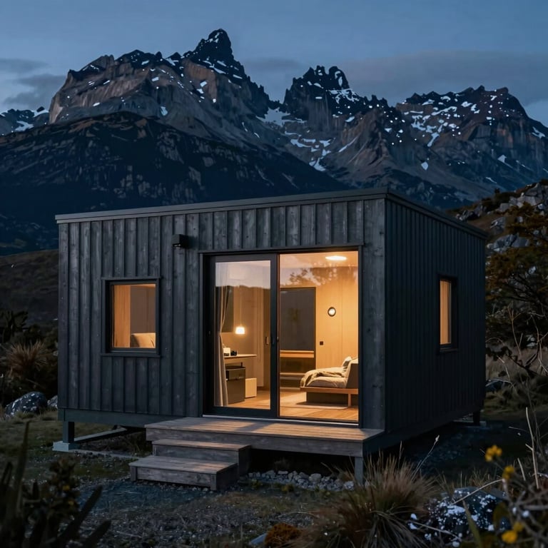 Modern cabin exterior in the mountains of Patagonia, surrounded by nature, dusk lighting, cinematic shot, colors: muted blue and dark gray.
