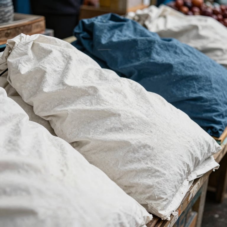 View of a vibrant local market from a high-quality, professional photography perspective, capturing texture and depth, colors: white and muted blue.