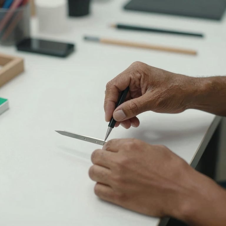 Close-up of hands of a local artisan in Colombia working in a clean, professional studio environment, focused lighting, colors: white and gray.