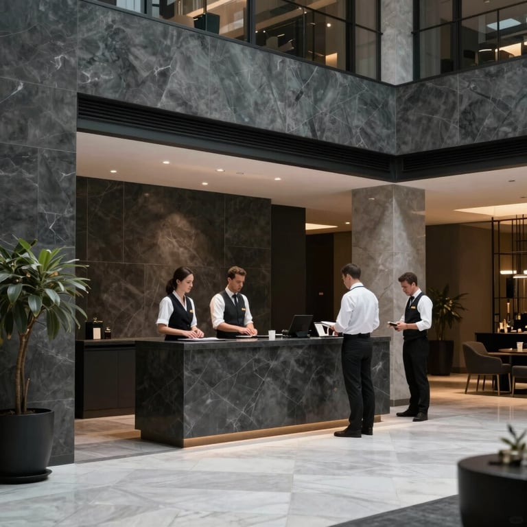 A sleek hotel lobby in Madrid with professional staff and a welcoming atmosphere, high-end photography, colors: dark gray and light gray.