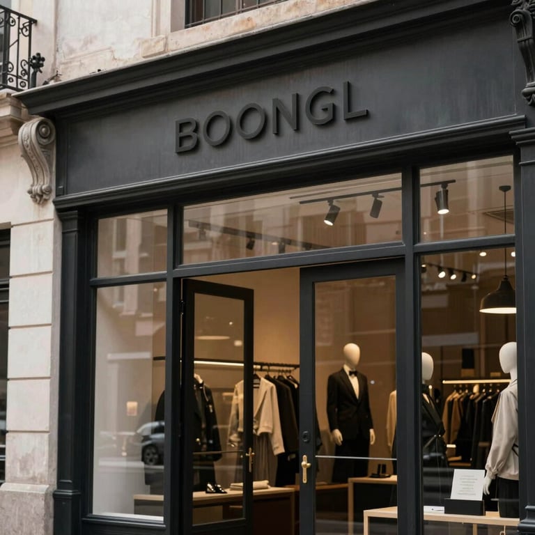 Professional close-up of a boutique storefront in a historic Spanish district, clean architectural lines, daylight, colors: light gray and black.