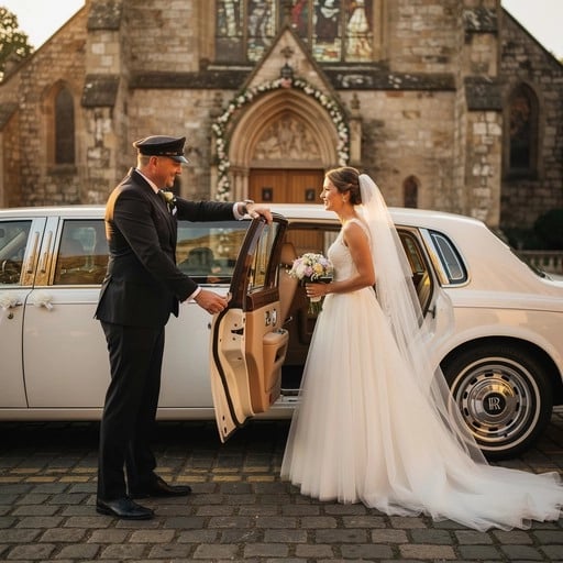 Professional chauffeur assisting a bride from a luxury vehicle in Toronto, representing Viremont Chauffeur wedding transport.