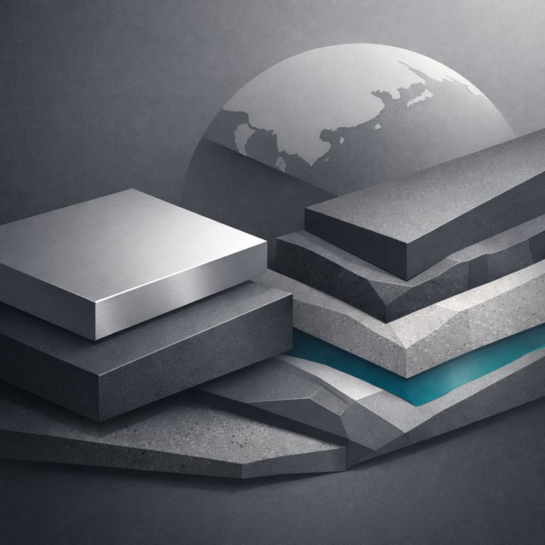 Abstract 3D illustration of geometric layers and architectural textures representing global infrastructure.