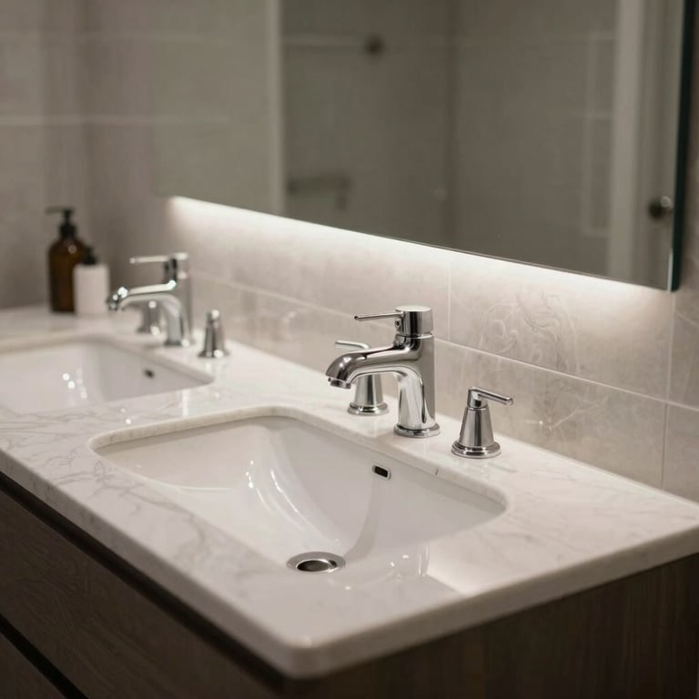 A stylish bathroom vanity with double sinks and sophisticated lighting in a modern US residential setting.