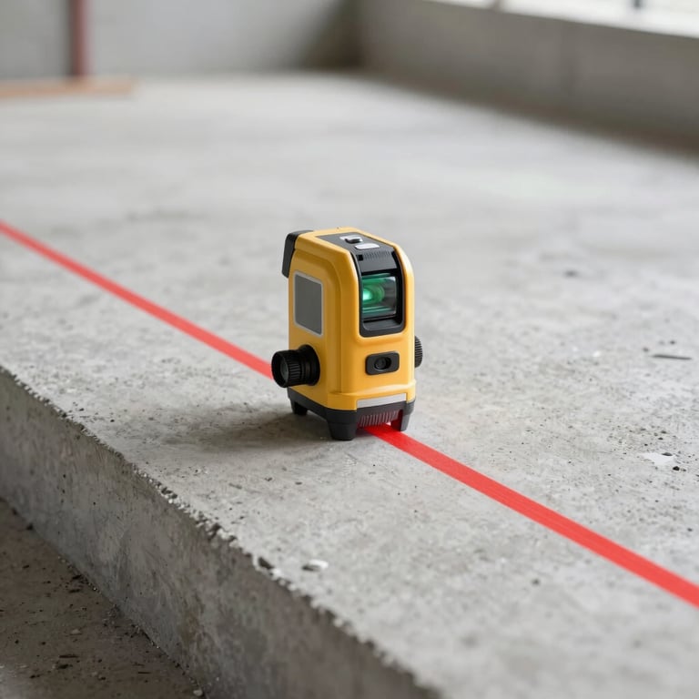 A professional laser level casting a sharp red line across a perfectly plumb concrete substrate, clean and modern construction environment.