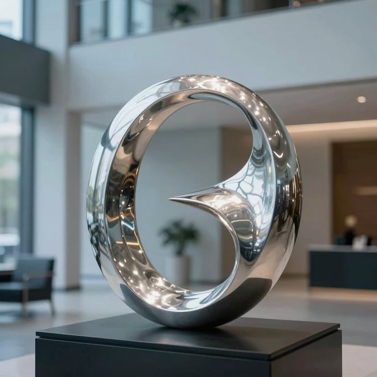 Minimalist modern silver sculpture in a high-end corporate lobby in Köln, soft blue lighting.