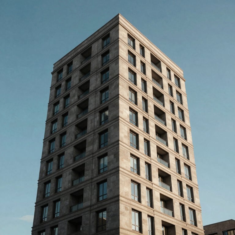Architectural detail of a premium renovated heritage apartment building, clean sky blue sky background.