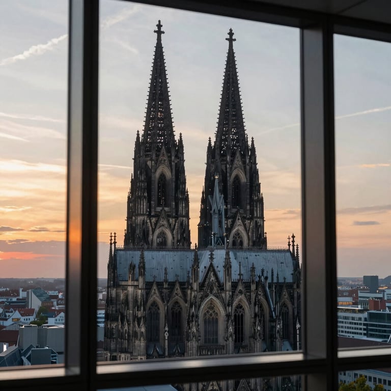 View of the Köln Cathedral towers through a high-rise office window at sunset, professional atmosphere.