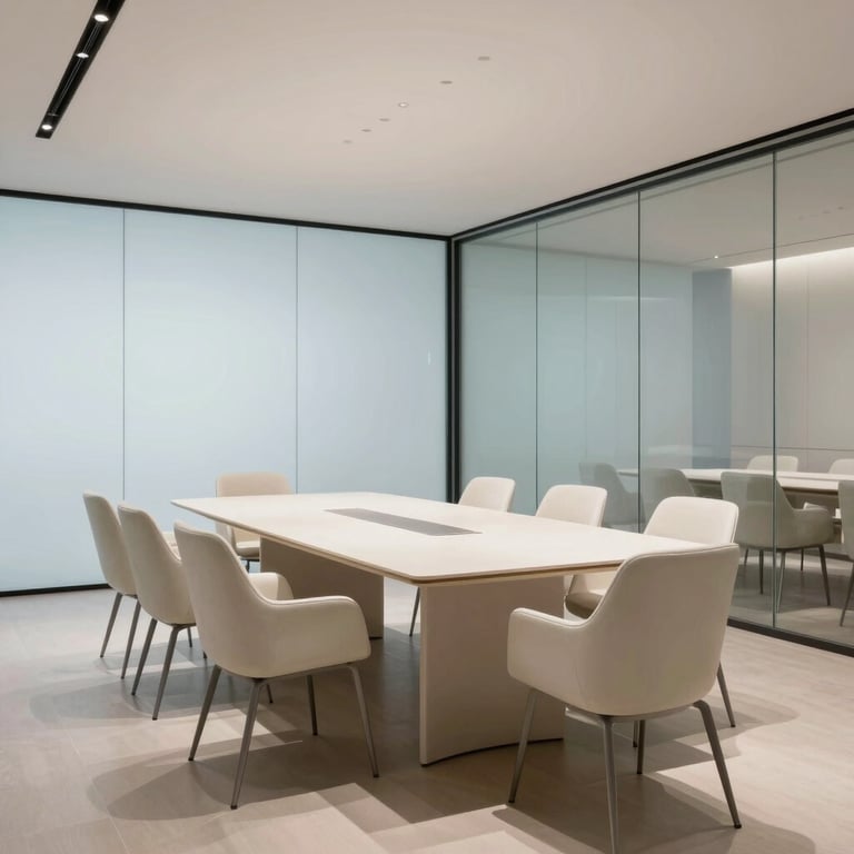 Spacious minimalist meeting room with designer furniture and glass walls, off-white and soft blue tones.