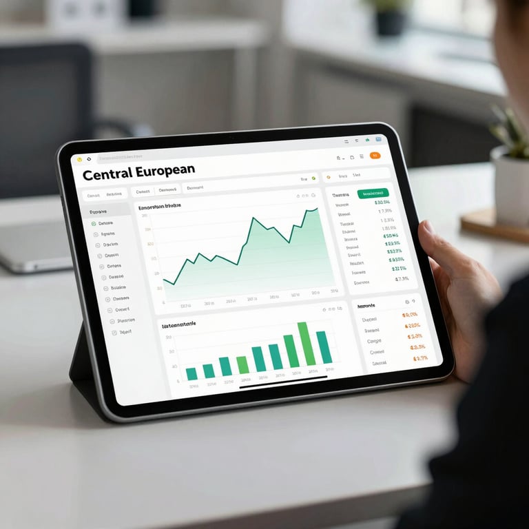 A sleek digital tablet displaying a clean financial dashboard in a professional Central European office.