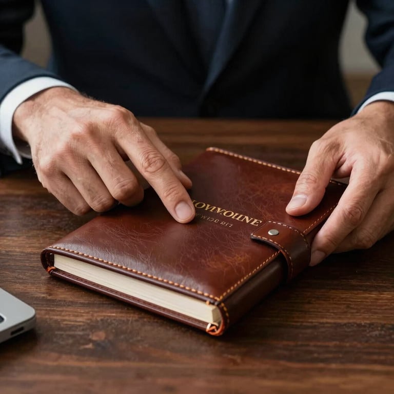 A business professional's hands reviewing a leather-bound investment portfolio on a dark oak desk.