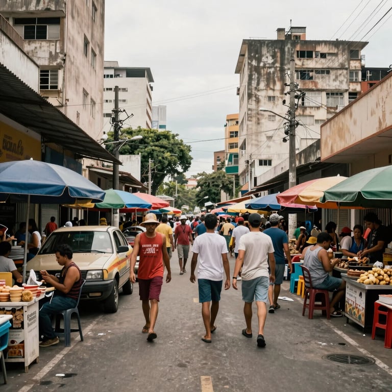 A vibrant and busy commercial street in a Brazilian metropolitan area representing a dynamic market environment.