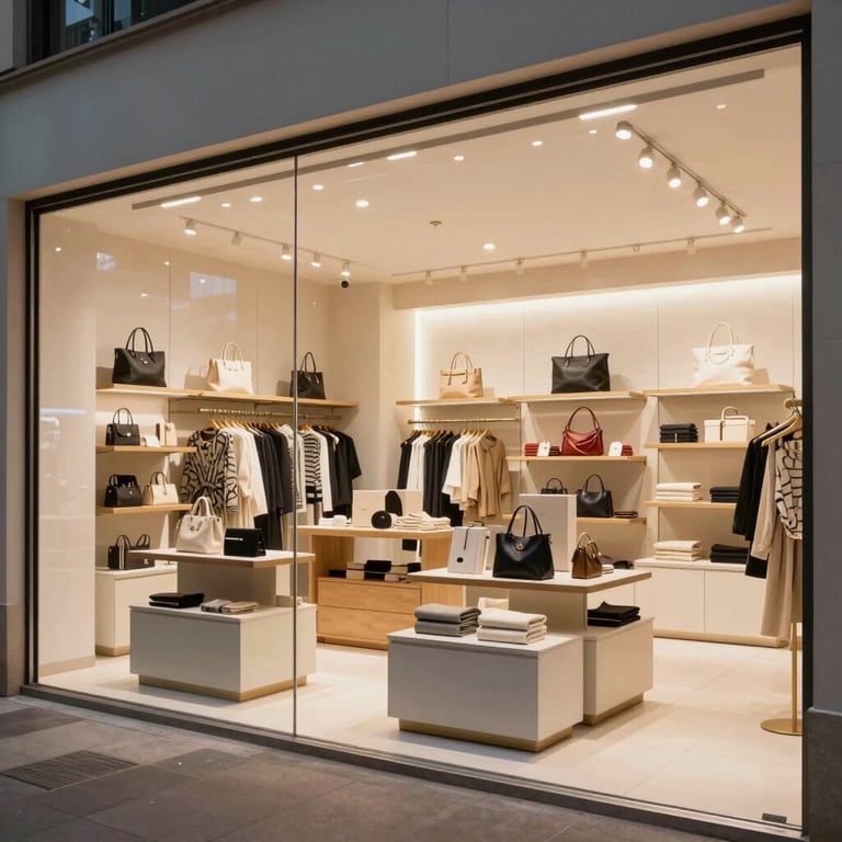 A brightly lit modern retail store in a Brazilian city with elegant product displays and professional lighting.