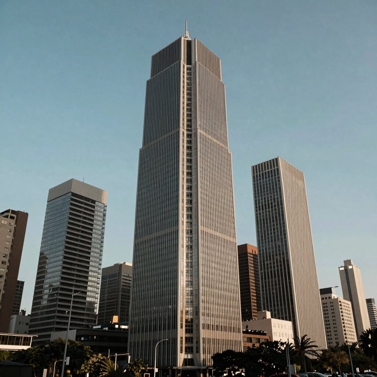 Modern architecture of a corporate business district in a major South American city during a clear day.