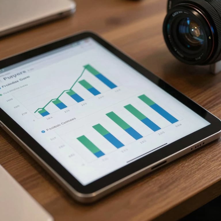Close-up of a professional tablet showing growth statistics and green and blue charts in a corporate setting.