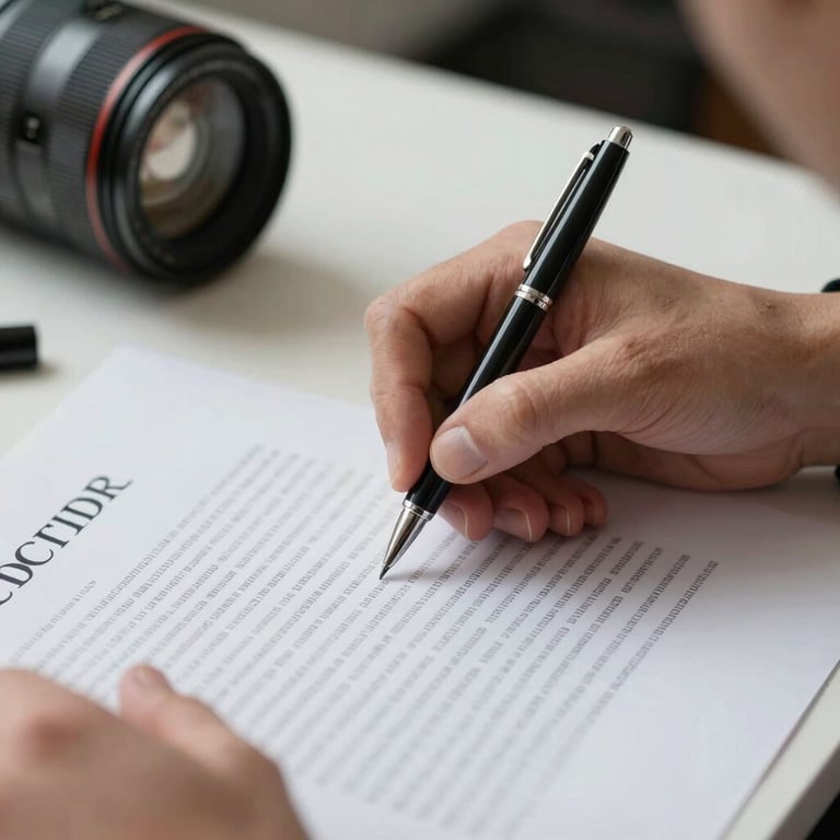 Close-up of hands signing a formal contract on a white desk with professional stationery and a sleek pen.