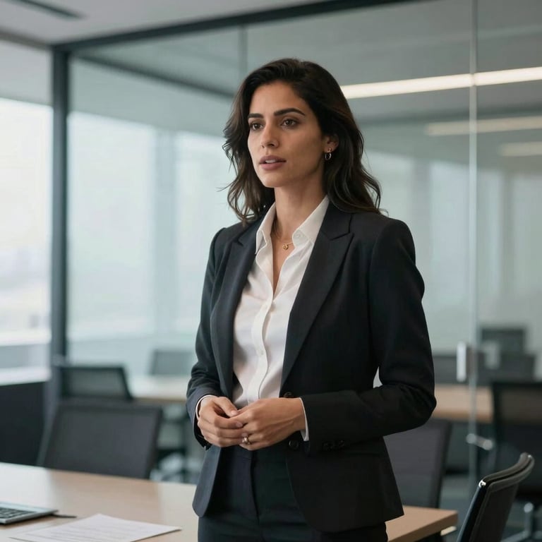A confident South American woman leading a professional business presentation in a modern, glass-walled conference room.