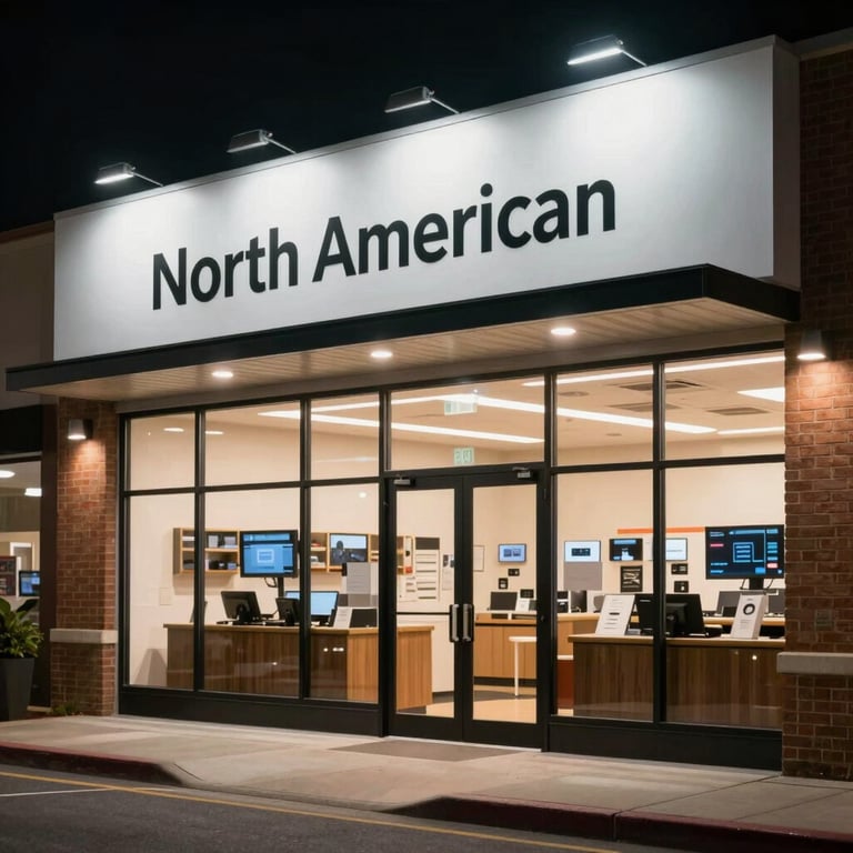 Night photography of a well-lit North American / US commercial storefront, demonstrating high-efficiency lighting solutions and modern professionalism.