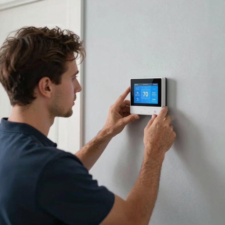 A professional technician installing a smart home thermostat in a sleek North American / US living room with Light Mist walls.
