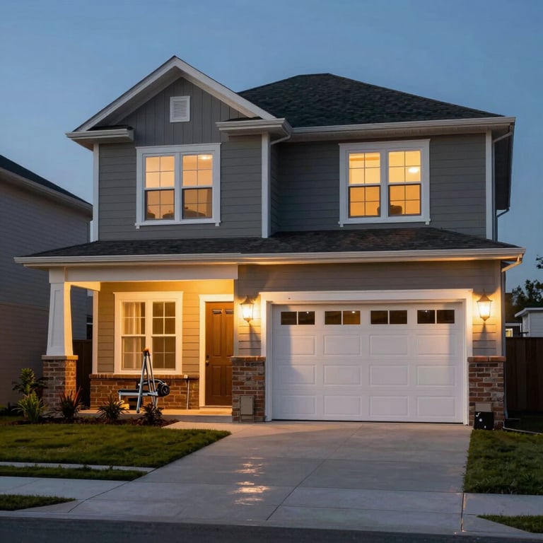 A modern North American / US suburban home at dusk with warm exterior lighting highlights showcasing electrical work.