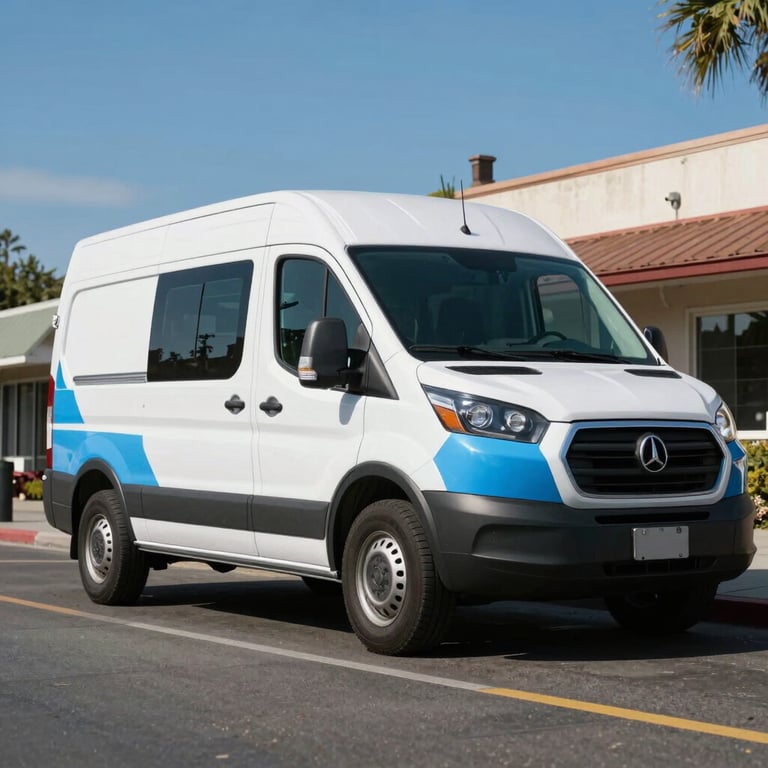 Low angle shot of a clean, white service van with Sky Blue detailing parked on a Dinuba, California street in a North American / US neighborhood.