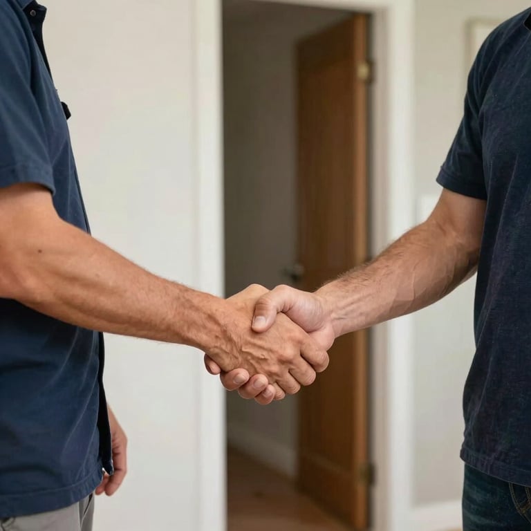 Professional handshake between a technician and a homeowner in a North American / US doorway, conveying trust and reliability.