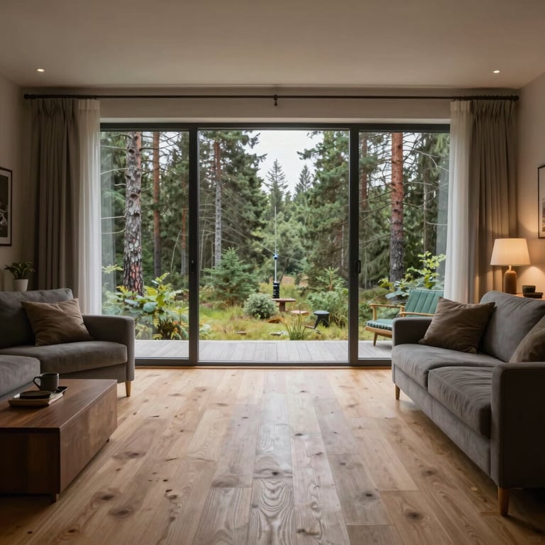 Interior of a luxurious living room with light oak floors and large windows overlooking a Northern European / Finnish forest.