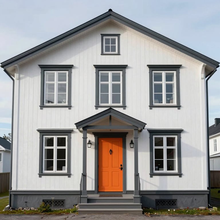 A modern two-story white house with charcoal gray accents and a bright orange front door in a Northern European / Finnish setting.