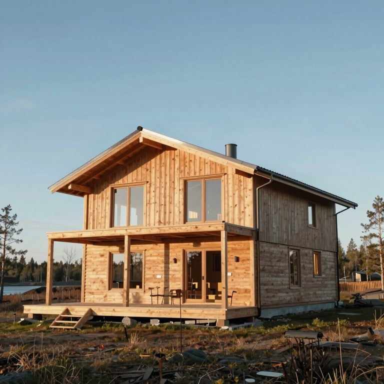 A newly finished turnkey wooden home with a large terrace under a clear sky in Northern European / Finnish landscape.