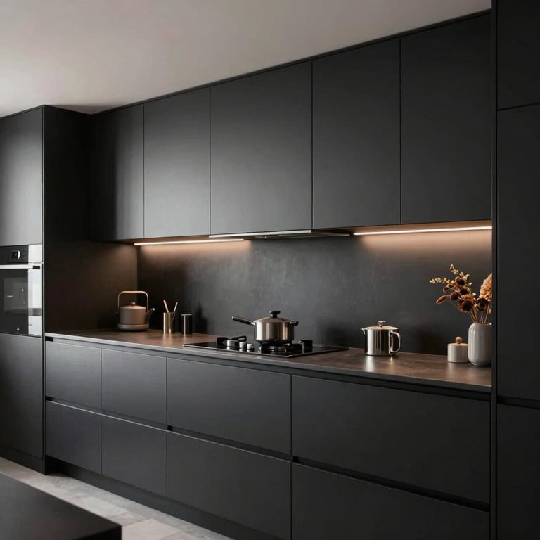 Modern kitchen interior with sleek black surfaces and minimalist cabinetry in a high-end Northern European / Finnish home.