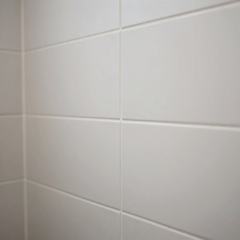 A close-up of premium tiling work in a modern spa-style bathroom of a Finnish villa, emphasizing clean white lines.