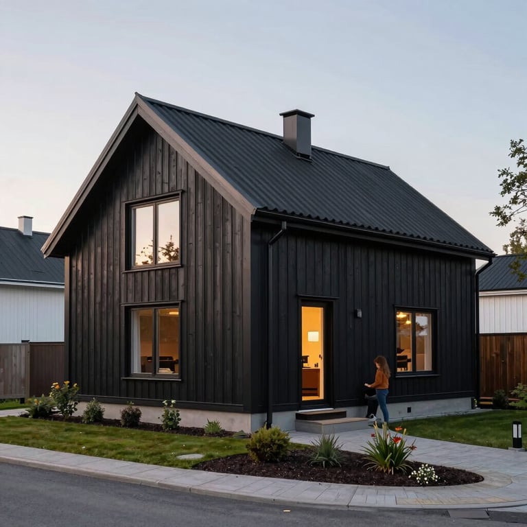 An architectural exterior shot of a contemporary Finnish family home with professional landscaping and soft evening light.