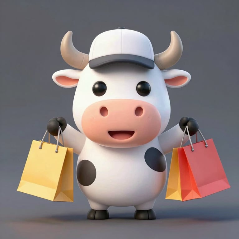 Cute cartoon black bull illustration with large horns and a friendly expression on a grey background.