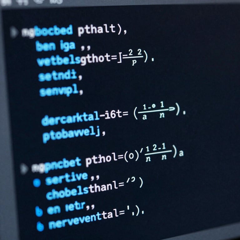 Macro close-up of clean Python computational code displayed on a dark mode screen, showing syntax highlighting in electric blue, with mathematical formulas visible in the comments.