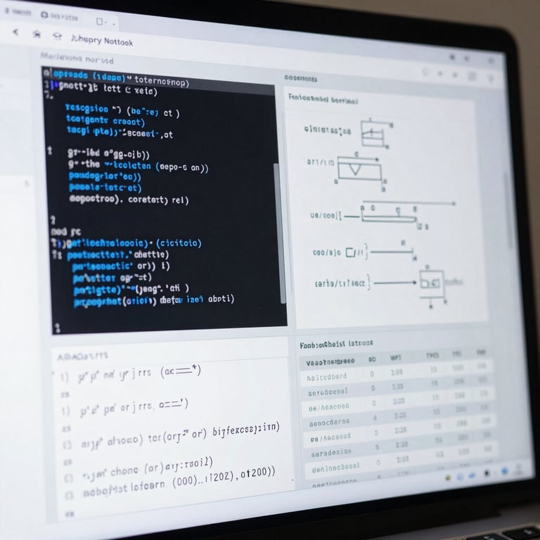 High-resolution screenshot of a Jupyter Notebook interface displaying clean mathematical plots, Python code cells with electric blue syntax highlighting, and data tables on a light background, cool natural lighting.