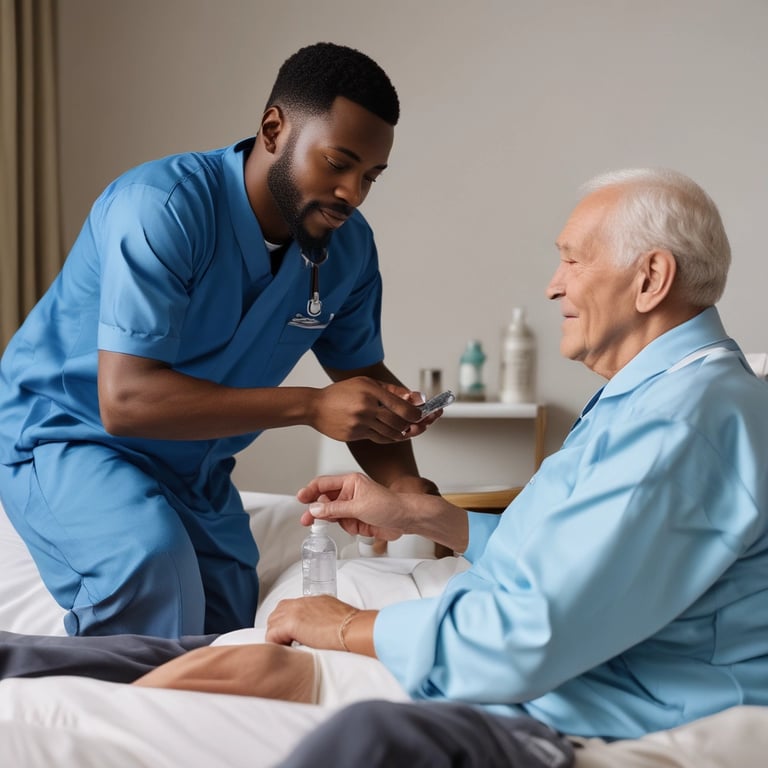 A smiling caregiver gently assisting an elderly woman in a sunlit living room.